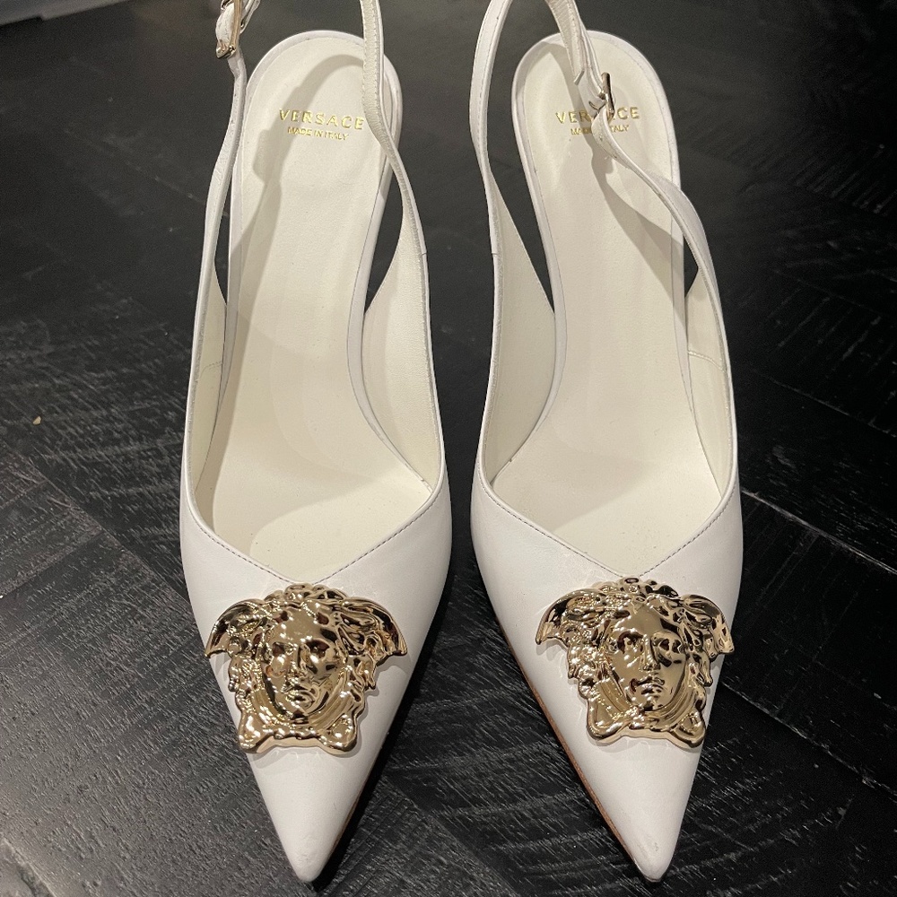 Versace White Medusa Head Slingback Heels Size 36.5